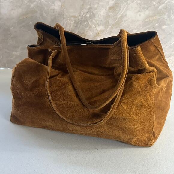 Genuine Leather Made in Italy Shoulder Bag Tote Brown Suede - Picture 2 of 14
